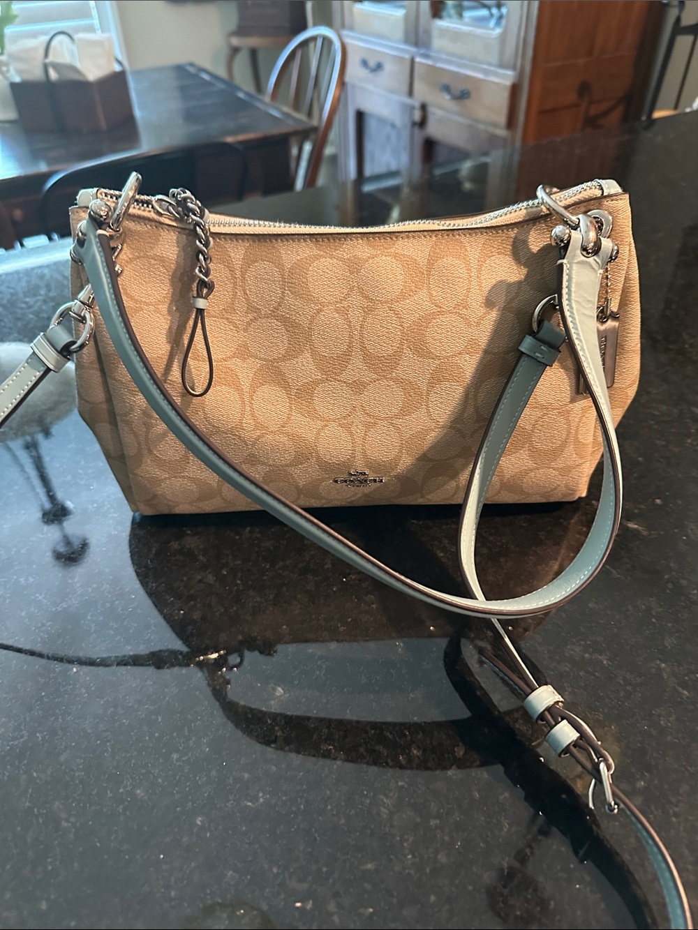 Coach Tan Signature Canvas Crossbody with Pale Blue Trim and Silver Hardware
